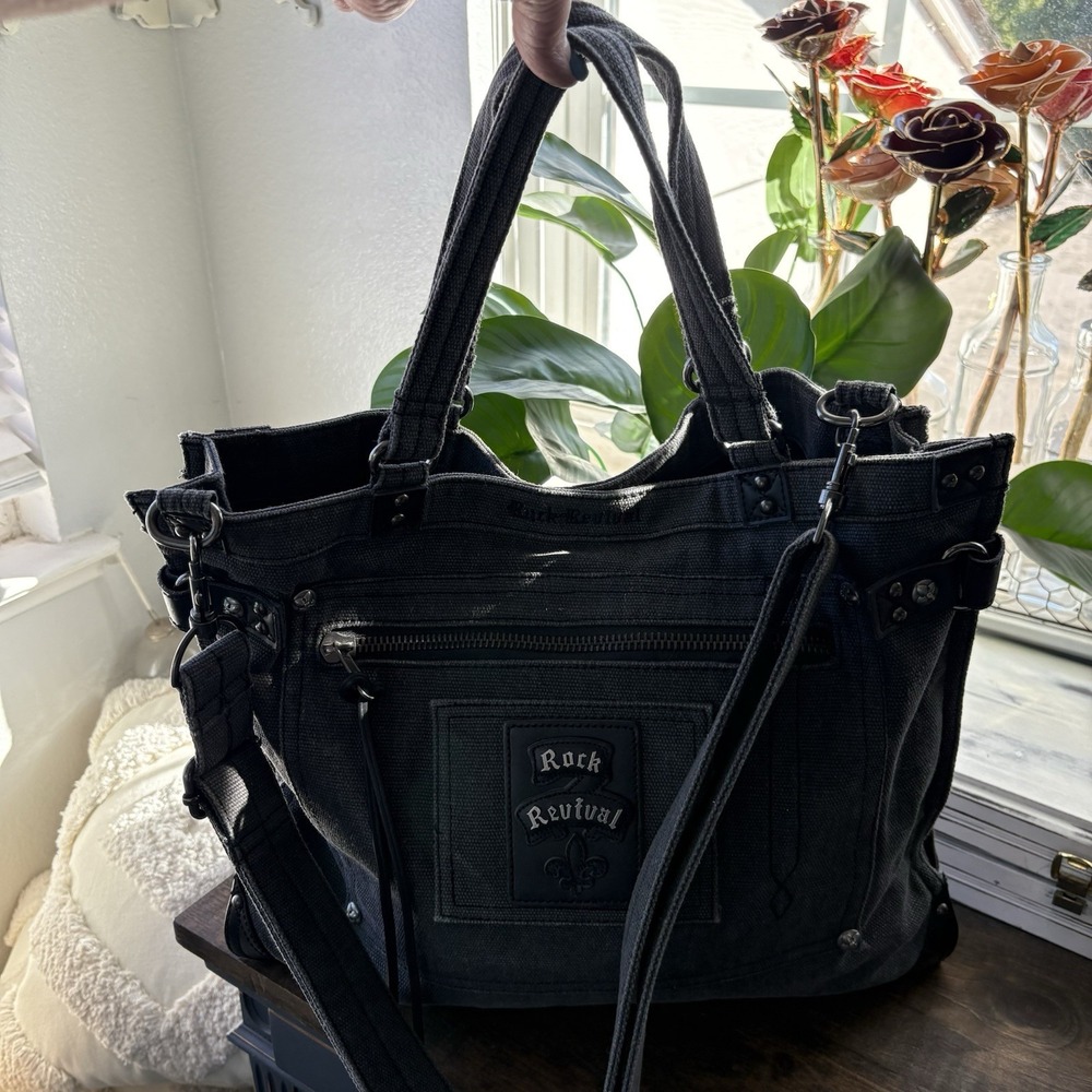 Rock Revival Gray Black Denim Canvas Messenger Bag, Crossbody Shoulder Tote Y2K